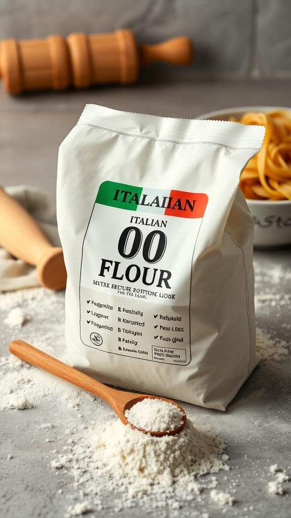 A bag of Italian 00 flour on a countertop with a wooden spoon and fresh pasta.